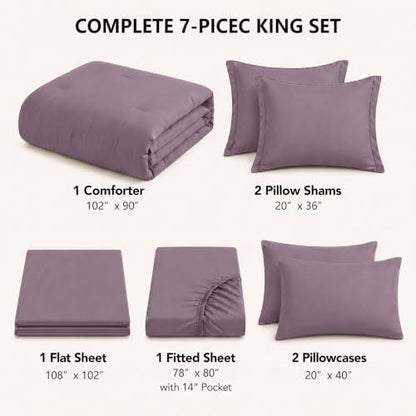 HIMEET King Comforter Set, 7-Piece Point-Quilted Bed in a Bag, Dusty Purple