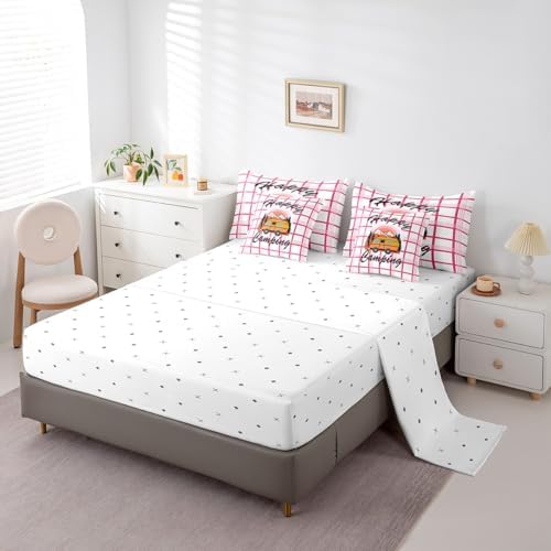Erosebridal Happy Camping Comforter Set Queen Size,Cartoon RV Bedding Set for Kids Teens,Pink Buffalo Plaid (Comforter+Fitted+Flat Sheet+2 Pillowcases+2 Throw Pillow Covers) 7 Pieces Bed Set