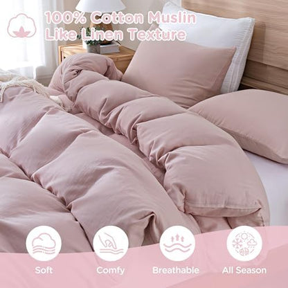 TOCOMOA 100% Muslin Cotton Duvet Cover Set, Pink, King