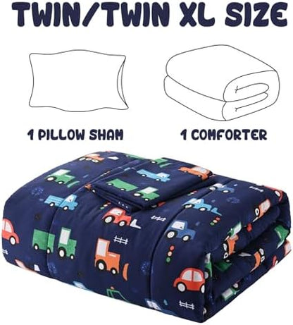 Yibeizi Car Kids Comforter Set for Boys Twin Navy Blue Bedding