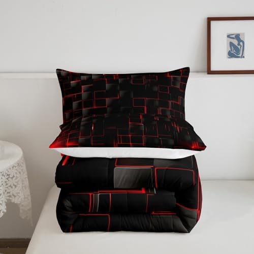 Manfei Geometric Grid Comforter Set Queen Size, Red and Black Checkered Bedding Quilt Set, Men Women Bedroom Decor, Modern Abstract Check Plaid Square Down Comforter for All Season, 2 Pillowcases