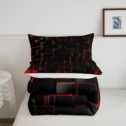 Manfei Geometric Grid Comforter Set Queen Size, Red and Black Checkered Bedding Quilt Set, Men Women Bedroom Decor, Modern Abstract Check Plaid Square Down Comforter for All Season, 2 Pillowcases