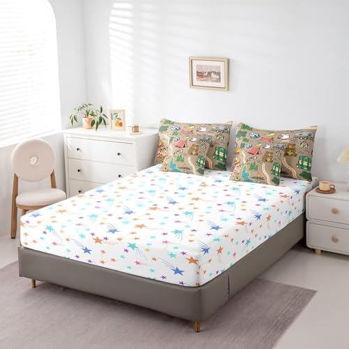 Erosebridal Happy Camping Bedding Set for Kids Teens,Cartoon Animal Comforter Set King Size,Camping Lover (Comforter+Fitted+Flat Sheet+2 Pillowcases+2 Throw Pillow Covers) 7 Pieces Bed Set