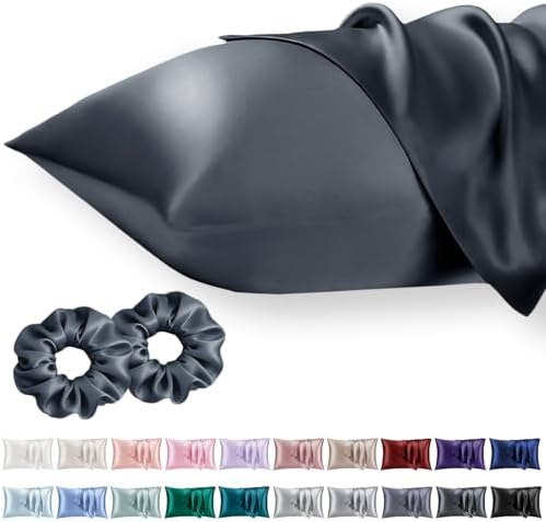 Vielit Queen Satin Pillowcase for Hair 2pc,Similar to Silk Pillow Cases,Easier Care Than Silk Pillowcase,Gifts for Women Men,Dark Grey,20x30 & Envelope Closure and 2 Satin Scrunchies