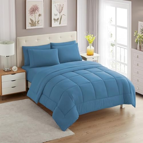 California King Comforter Set - Soft & Breathable 7-Piece Bedding Collection - 1 Comforter, 1 Fitted Sheet, 1 Flat, 4 Pillowcases - Deep Pocket - Premium Quality - Ideal for All Seasons, Denim