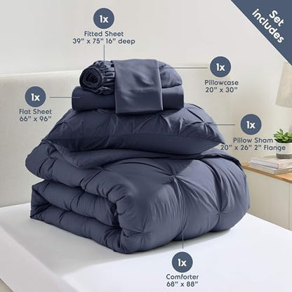 Nestl 7 Piece Twin Comforter Set – Navy Pinch Pleated Bed in a Bag – Complete Twin Size Bedding Set with Sheets, Set of 2 Cooling Pillows, Pillowcase and Sham