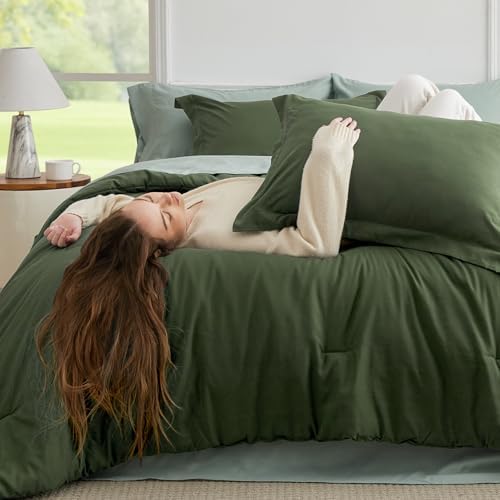 Bedsure Full Size Comforter Set - 7 Piece Olive Green Bedding Set 82"x86"