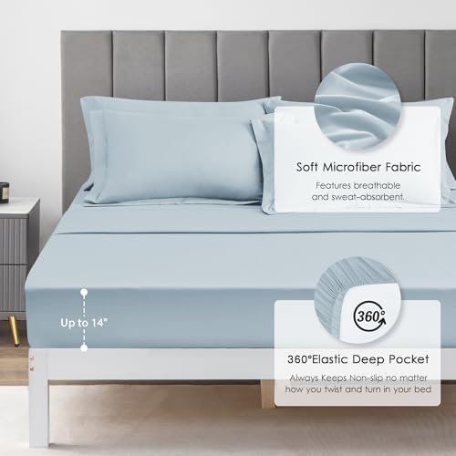 Love's cabin California King Comforter Set Light Blue, 7 Pieces California King Bed in a Bag, All Season Bedding Sets with 1 Comforter, 1 Flat Sheet, 1 Fitted Sheet, 2 Pillowcase and 2 Pillow Sham