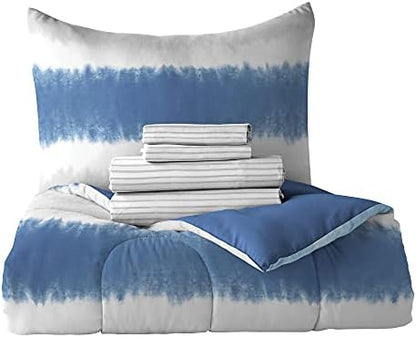 Dream Factory Tie Dye Stripe Kids Bed in a Bag Microfiber Blue Full 7-Piece