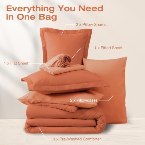 Sasttie Queen Comforter Set 7-Piece Burnt Orange, Pre-Washed Bed in a Bag