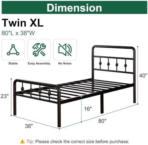EMODA 16 Inch Twin XL Bed Frames with Headboard and Footboard, Heavy Duty XL Twin Metal Slats Support Mattress Foundation, No Box Spring Needed, Easy Assembly