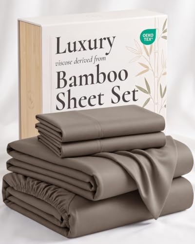 Hotel Sheets Direct 4 Piece Bed Sheet Set California King Size, 100% Viscose Derived from Bamboo Sheets Set with 2 Pillowcases, Cooling & Breathable Luxury Bedding, Moisture-Wicking & Silky Soft, Sand