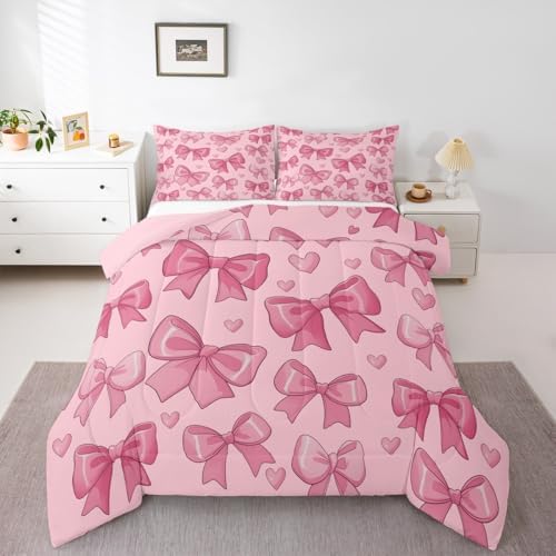 jejeloiu Pink Bow Comforter Set All Season Bowknot Bedding Set with 2 Pillow Cases Bow-tie Microfiber Kids King Bedclothes Colourful Bowknot Bedroom Decor Duvet Quilt Breathable Soft Lightweight