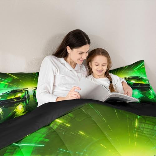 Feelyou Green Racing Car Kids Comforter Set Queen Size Boys Sports Car Bedding Set Speed Sports Duvet Quilt for Kids Boys Girls Bedroom Extreme Decor Microfiber Ultra Soft Breathable
