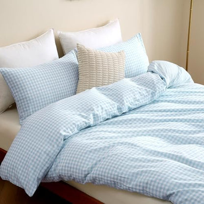 TOCOMOA Gingham Duvet Cover Set 100% Washed Cotton Like Linen, Queen