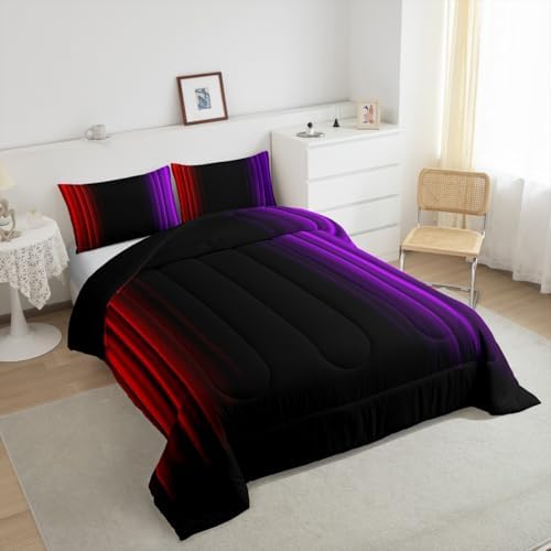 Feelyou Teens Abstract Ombre Decorations Bedding Set for Kids Women Red Purple and Black Comforter Set Geometric Modern Quilt Set Room 3Pcs Queen Size