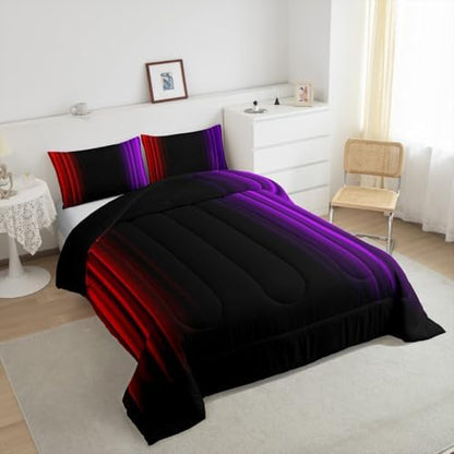 Feelyou Teens Abstract Ombre Decorations Bedding Set for Kids Women Red Purple and Black Comforter Set Geometric Modern Quilt Set Room 3Pcs Full Size