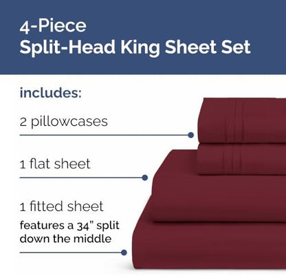 Flex Top Split Head King 4 Piece Sheet Set - Soft & Breathable - Burgundy