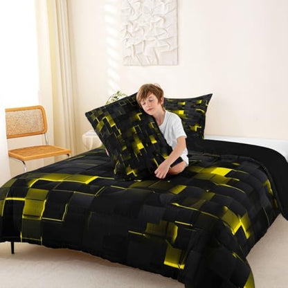Erosebridal Black Yellow Comforter Set Twin Neon Geometric Checkered Bedding Set for Kids Adults Abstract Stereoscopic Grids Quilt Square Plaid Bed Set 2 Pcs Gamer Room Decor