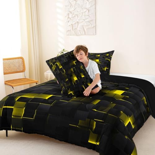 Erosebridal Black Yellow Comforter Set Queen Neon Geometric Checkered Bedding Set for Kids Adults Abstract Stereoscopic Grids Quilt Square Plaid Bed Set 3 Pcs Gamer Room Decor