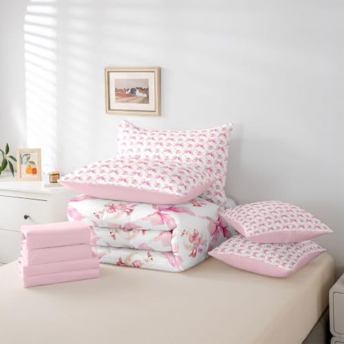 Erosebridal Cute Goose Duck 7-Piece Bed in a Bag Full Kids Girls Girly Ribbon Bow Bedding Set Geometric Grid Cartoon Animal Comforter Set with Sheets Teen Adults Pink Watercolor Bowknot Duvet Insert