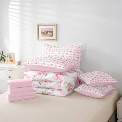 Erosebridal Cute Goose Duck 7-Piece Bed in a Bag Full Kids Girls Girly Ribbon Bow Bedding Set Geometric Grid Cartoon Animal Comforter Set with Sheets Teen Adults Pink Watercolor Bowknot Duvet Insert