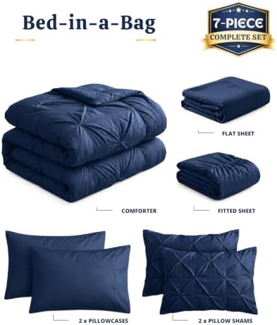 LANE LINEN 7 Piece Queen Comforter Set Microfiber Pintuck - Navy Blue