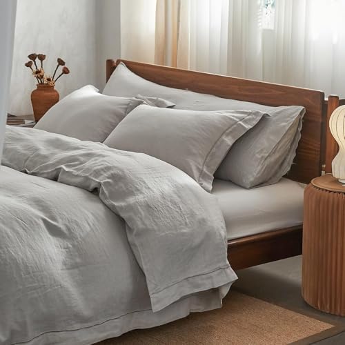Simple&Opulence 100% French Linen Duvet Cover Set with Embroidered,3 Pcs Washed Soft Farmhouse Bedding Set with Button Closure,1 Comforter Cover and 2 Pillowshams(King,Grey)