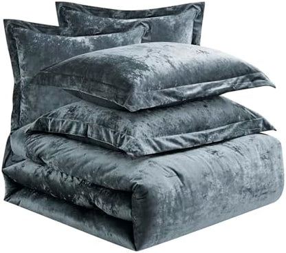 Fredsure Distressed Velvet Comforter Set, 5 Pieces Smoke Blue Queen, Distressed Velvet Face and Brushed Microfiber Reverse
