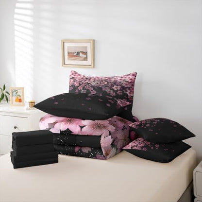 Erosebridal Cherry Blossom Queen Comforter Set Pink Flower 7 Pieces Bedding Petal Floral Bed Set with Sheets Starry Sky Girly Bed in A Bag Bedroom Decor