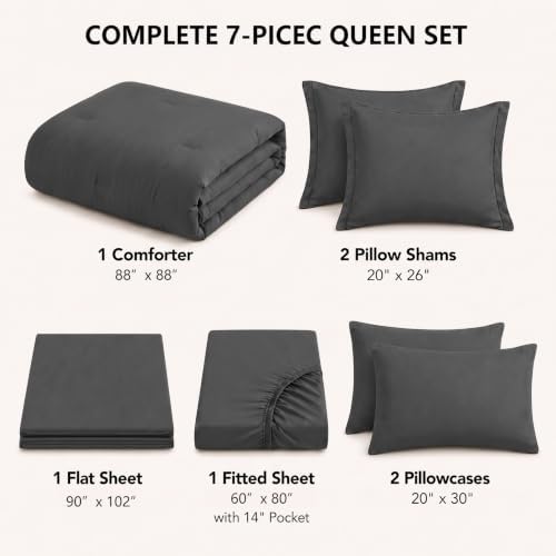 HIMEET Queen Comforter Set, 7-Piece Point-Quilted Bed in a Bag Dark Grey