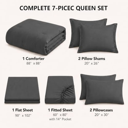 HIMEET Queen Comforter Set, 7-Piece Point-Quilted Bed in a Bag Dark Grey