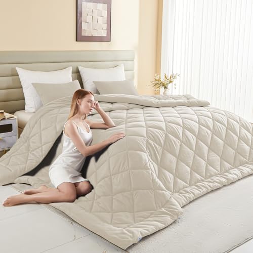 132x120 Alaskan King Comforter, Extra Large King Size Comforter Oversized, All Season Soft Lightweight Quilt Down Alternative Duvet Insert with 8 Corner Tabs(120x132, Beige)