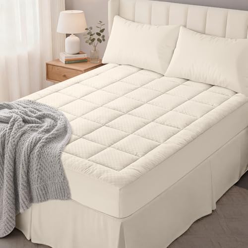 OLANLY King Quilted Fitted Mattress Pad, Down Alternative Fill, Ivory White