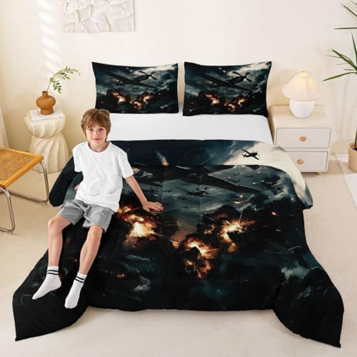 Erosebridal Vintage Fighter Airplane Bedding Set King Military Aircraft Comforter Set for Kids Boys Girls Realistic 3D Print Cloud Flame Aviation Down Comforter Plane Quilt Duvet