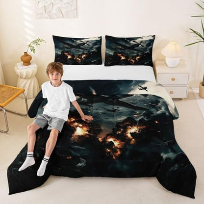 Erosebridal Vintage Fighter Airplane Bedding Set King Military Aircraft Comforter Set for Kids Boys Girls Realistic 3D Print Cloud Flame Aviation Down Comforter Plane Quilt Duvet