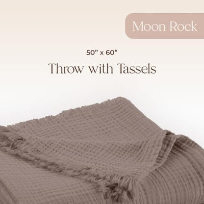 100% Cotton Organic Muslin Throw Blanket for Adults GOTS & Fairtrade Certified Organic Cotton - Couch Living Room and Bedroom Decor - 4 Layer Super Soft and Cozy (Moon Rock, Throw)