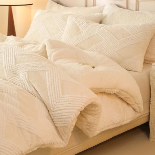 tohrisa Tufted Boho Comforter Set Queen - White Fluffy Sherpa Bedding Set, Soft Fuzzy Jacquard Quilt Set, 3 Pieces Cozy Bed Set Warm Comforter for Winter(90"X90")