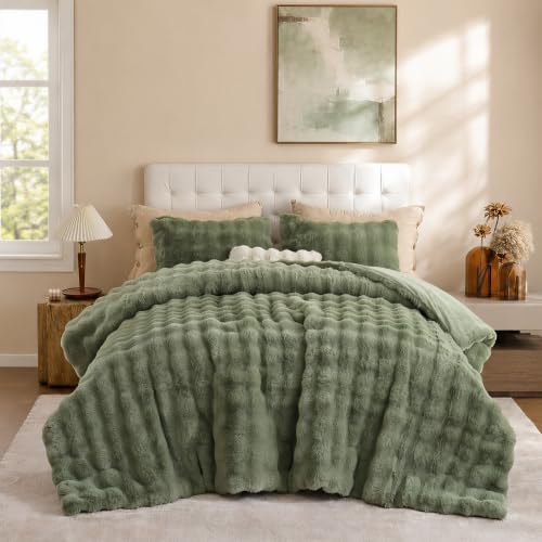 YIKUSH King Faux Fur Soft Comforter Set, Fluffy Green Rabbit Fur Comforter