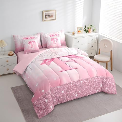 Feelyou Kids Pink Bowknot Comforter Set with Sheets King Size, Personalized Initial F 7 Pieces Bedding Set Boys Girls Princess Glitter Bed in A Bag Bow Alphabet Teens Bed Set Bedroom Decor 7Pcs