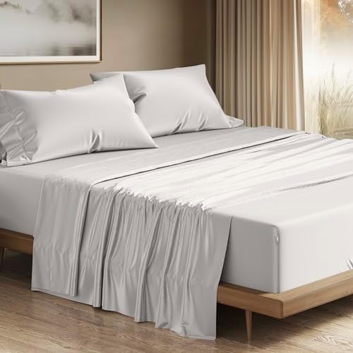 THREAD SPREAD 100% Egyptian Cotton King Size Sheets Set - Luxury 1200 Series Plush Collection Egyptian Cotton Sheets King Size (4 PC, Light Grey), Silky Soft, Cooling, 17" Deep Pocket Bed Set
