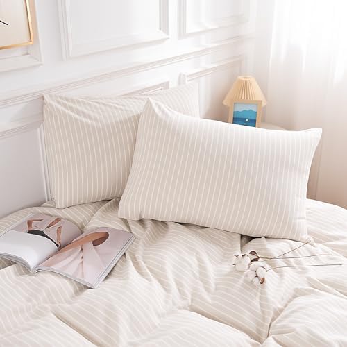 NEXHOME PRO Striped Duvet Cover King Size,100% Washed Cotton Bedding Set,Textured Linen Feel,Breathable,Organic,3 Piece(White Stripes 104x90)