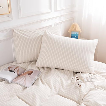 NEXHOME PRO Striped Duvet Cover King Size,100% Washed Cotton Bedding Set,Textured Linen Feel,Breathable,Organic,3 Piece(White Stripes 104x90)