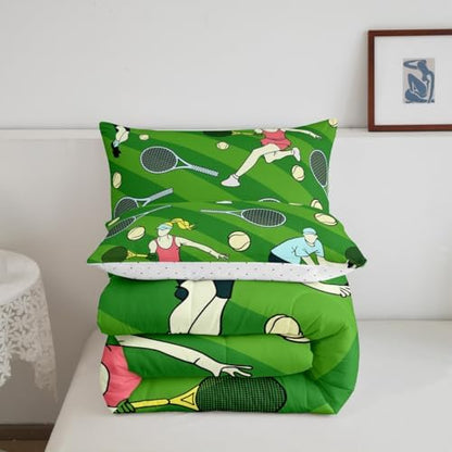 Castle Fairy Tennis Comforter Set Queen Size for Kids Abstract Cartoon Athlete Bedding Sets All Season Tennis Racket Balls Quilt Set Bedroom Decor Green Geometric Stripes Down Comforter,3Pcs