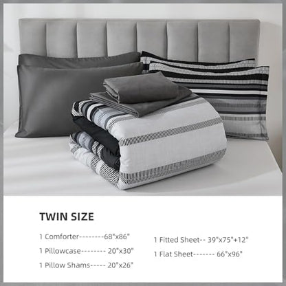 Dobuyly Black Comforter Set Twin Size Bed in a Bag 5 Piece, Classic Striped Black and Grey Bed Bedding Set with Sheets Soft Microfiber All Season for Teen Boys