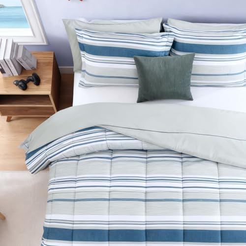 Full Size Comforter Set Coastal Striped Royal Blue 7 Pieces Bed in a Bag