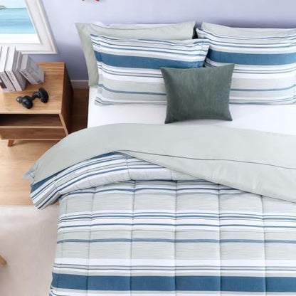 Queen Comforter Set Coastal Striped Royal Blue 7 Pieces Bed in a Bag