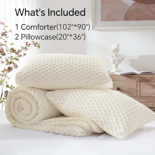 BEDELITE Fluffy King Comforter Set, Cream White Fleece Bed Set 3 Pieces
