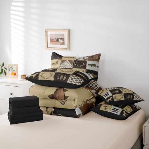 Feelyou Rustic Cabin Country Queen Comforter Set with Sheets for Kids Boys Girls Deer Hunting 7 Pieces Bedding Set Checkered Vintage Bed in a Bag Room Decor Soft Lightweight Microfiber