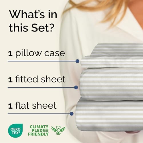 Twin 3 Piece Striped Sheet Set - Breathable & Cooling - Grey Pinstripes